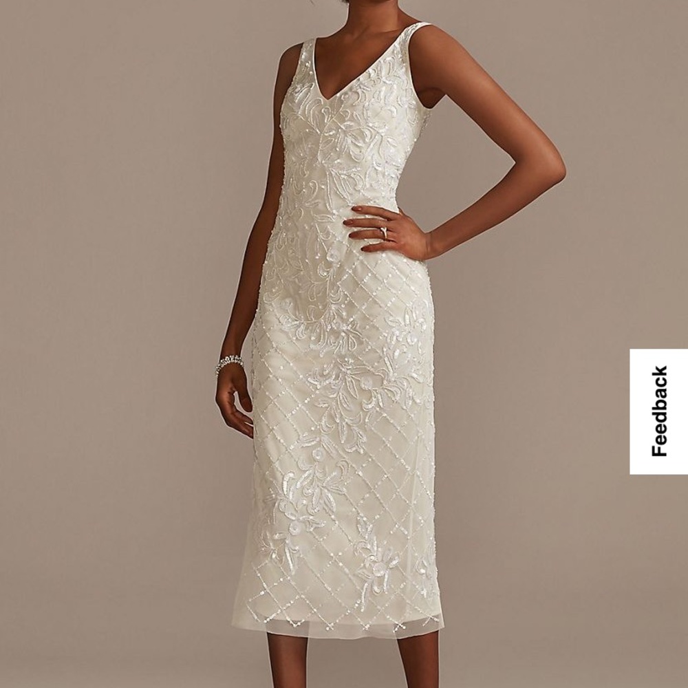 David’s Bridal IVORY dress with low back, medium straps, sequins, zipper in back